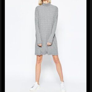 Weekday Meta Ribbed Mock Turtleneck Long Sleeve Jersey Dress Gray S
